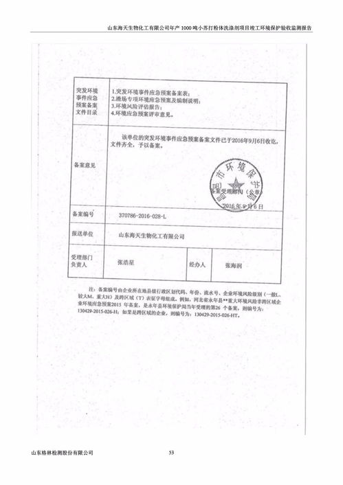 山东海天生物化工年产1000吨小苏打粉体洗涤剂项目竣工环境保护验收监测报告公示